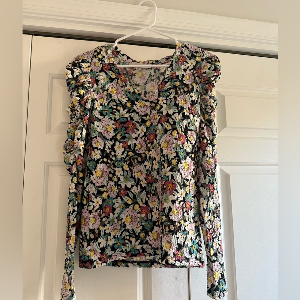LOFT Black Floral Ruffle Sleeve Blouse